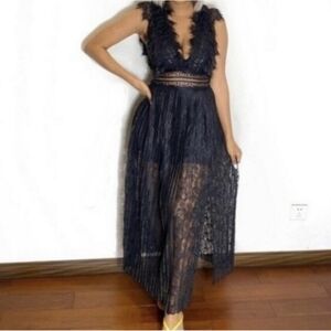 Zara Lace Dress Black Pleated Sheer Short Sleeve V Neck Women's Large Brand New